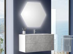 Ensemble meuble de salle de bain 2 tiroirs laqué blanc et effet béton et miroir lumineux Lago L 100 cm 2