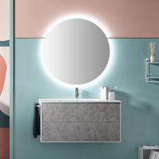 Ensemble meuble de salle de bain 2 tiroirs laqué blanc et effet béton et miroir lumineux Lago L 100 cm