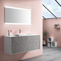 Ensemble meuble de salle de bain 2 tiroirs laqué blanc et effet béton et miroir lumineux Lago L 120 cm 2