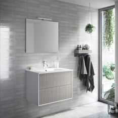 Ensemble meuble de salle de bain 2 tiroirs laqué blanc et gris et miroir à LED Oga L 70 cm