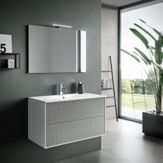 Ensemble meuble de salle de bain 2 tiroirs laqué blanc et gris et miroir à LED Oga L 90 cm