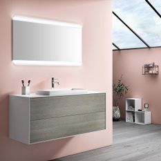 Ensemble meuble de salle de bain 2 tiroirs laqué blanc et gris et miroir lumineux Lago L 120 cm 2