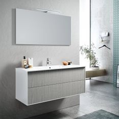 Ensemble meuble de salle de bain 2 tiroirs laqué blanc et gris et miroir à LED Lago L 120 cm