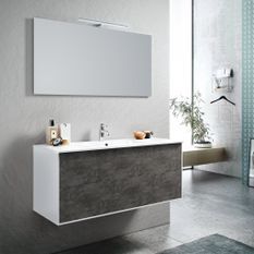 Ensemble meuble de salle de bain 2 tiroirs laqué blanc et gris oxyde et miroir à LED Lago L 120 cm