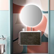 Ensemble meuble de salle de bain 2 tiroirs laqué blanc et gris oxyde et miroir à LED Lago L 80 cm