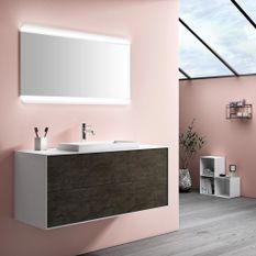 Ensemble meuble de salle de bain 2 tiroirs laqué blanc et gris oxyde et miroir lumineux Lago L 120 cm 2