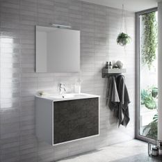 Ensemble meuble de salle de bain 2 tiroirs laqué blanc et gris oxyde et miroir lumineux Lago L 60 cm