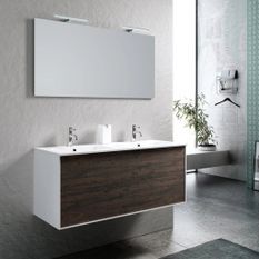 Ensemble meuble de salle de bain 2 tiroirs laqué blanc et marron double vasque et miroir à LED Oga L 120 cm