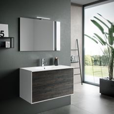 Ensemble meuble de salle de bain 2 tiroirs laqué blanc et marron et miroir à LED Oga L 100 cm