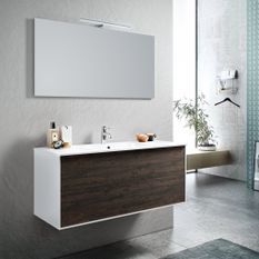 Ensemble meuble de salle de bain 2 tiroirs laqué blanc et marron et miroir à LED Lago L 120 cm