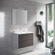 Ensemble meuble de salle de bain 2 tiroirs laqué blanc et marron et miroir à LED Oga L 70 cm