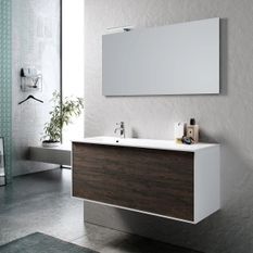 Ensemble meuble de salle de bain 2 tiroirs laqué blanc et marron et miroir à LED Goa L 120 cm