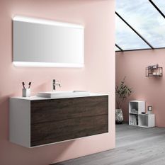 Ensemble meuble de salle de bain 2 tiroirs laqué blanc et marron et miroir lumineux Lago L 120 cm 2