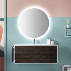 Ensemble meuble de salle de bain 2 tiroirs laqué blanc et marron et miroir lumineux Lago L 120 cm