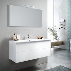 Ensemble meuble de salle de bain 2 tiroirs laqué blanc et miroir à LED Lago L 120 cm