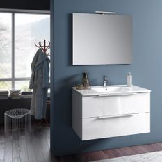 Ensemble meuble de salle de bain 2 tiroirs laqué blanc et miroir à LED Mola L 100 cm