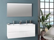 Ensemble meuble de salle de bain 2 tiroirs laqué blanc et miroir à LED Mola L 120 cm