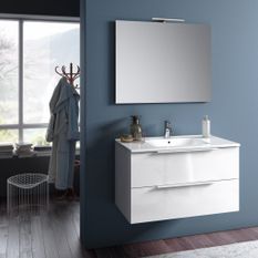 Ensemble meuble de salle de bain 2 tiroirs laqué blanc et miroir à LED Mola L 90 cm