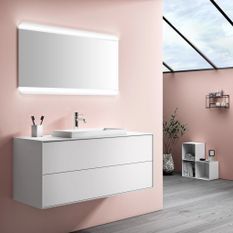 Ensemble meuble de salle de bain 2 tiroirs laqué blanc et miroir lumineux Lago L 120 cm 2