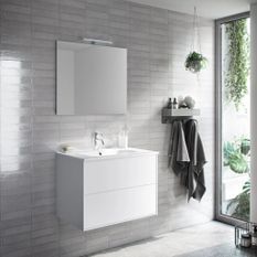 Ensemble meuble de salle de bain 2 tiroirs laqué blanc et miroir lumineux Lago L 60 cm