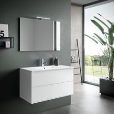 Ensemble meuble de salle de bain 2 tiroirs laqué blanc mat et miroir à LED Oga L 100 cm