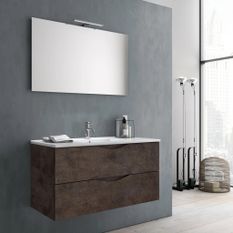 Ensemble meuble de salle de bain 2 tiroirs marron effet pierre et miroir à LED Olo L 80 cm