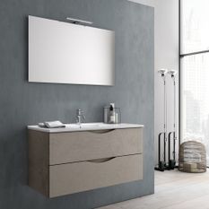 Ensemble meuble de salle de bain 2 tiroirs taupe effet pierre et miroir à LED Olo L 100 cm