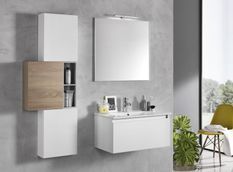 Ensemble meuble de salle de bain 3 armoires laqué blanc et bois clair avec vasque et miroir lumineux Teph L 70 cm