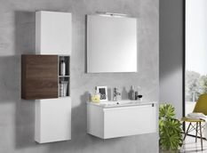 Ensemble meuble de salle de bain 3 armoires laqué blanc et bois foncé avec vasque et miroir lumineux Teph L 70 cm