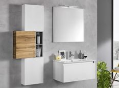 Ensemble meuble de salle de bain 3 armoires laqué blanc et chêne clair avec vasque et miroir lumineux Teph L 70 cm