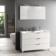 Ensemble meuble de salle de bain 3 tiroirs blanc effet pierre double vasque et miroir à LED Olo L 120 cm