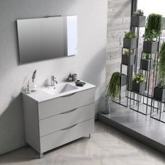 Ensemble meuble de salle de bain 3 tiroirs blanc effet pierre et miroir à LED Olo L 100 cm