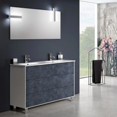 Ensemble meuble de salle de bain 3 tiroirs blanc et bleu effet pierre et miroir à LED Lago L 120 cm