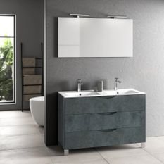 Ensemble meuble de salle de bain 3 tiroirs bleu effet pierre double vasque et miroir à LED Olo L 120 cm