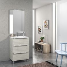 Ensemble meuble de salle de bain 3 tiroirs bois beige et miroir lumineux Malo L 60 cm