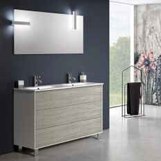 Ensemble meuble de salle de bain 3 tiroirs bois blanc et beige et miroir à LED Lago L 120 cm