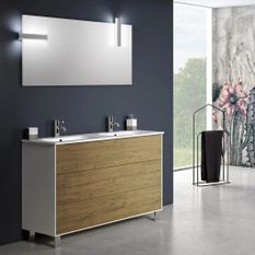 Ensemble meuble de salle de bain 3 tiroirs bois blanc et chêne clair et miroir à LED Lago L 120 cm