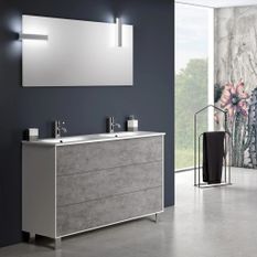 Ensemble meuble de salle de bain 3 tiroirs bois blanc et effet béton et miroir à LED Lago L 120 cm