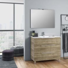 Ensemble meuble de salle de bain 3 tiroirs bois chêne clair et miroir lumineux Malo L 100 cm