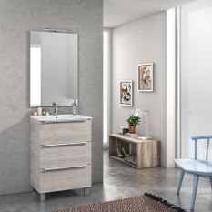 Ensemble meuble de salle de bain 3 tiroirs bois gris clair et miroir lumineux Malo L 60 cm