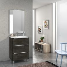 Ensemble meuble de salle de bain 3 tiroirs bois gris oxyde et miroir lumineux Malo L 60 cm