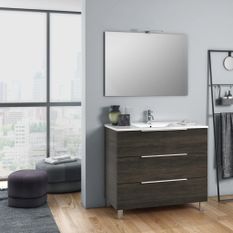 Ensemble meuble de salle de bain 3 tiroirs bois marron et miroir lumineux Malo L 100 cm