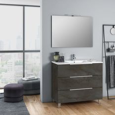 Ensemble meuble de salle de bain 3 tiroirs gris oxyde et miroir à LED Mola L 80 cm