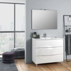 Ensemble meuble de salle de bain 3 tiroirs laqué blanc brillant et miroir lumineux Malo L 100 cm