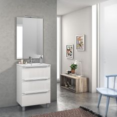 Ensemble meuble de salle de bain 3 tiroirs laqué blanc brillant et miroir lumineux Malo L 60 cm