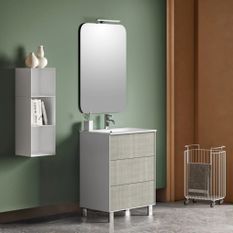 Ensemble meuble de salle de bain 3 tiroirs laqué blanc et beige et miroir lumineux Lago L 60 cm