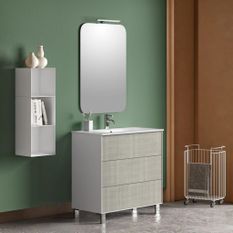 Ensemble meuble de salle de bain 3 tiroirs laqué blanc et beige et miroir lumineux Lago L 80 cm