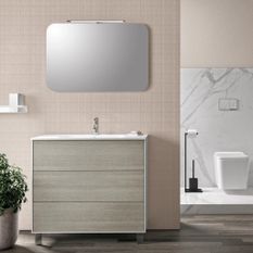 Ensemble meuble de salle de bain 3 tiroirs laqué blanc et beige et miroir lumineux Lago L 90 cm