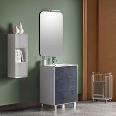 Ensemble meuble de salle de bain 3 tiroirs laqué blanc et bleu gris et miroir lumineux Lago L 60 cm