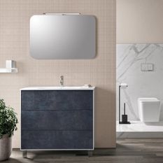Ensemble meuble de salle de bain 3 tiroirs laqué blanc et bleu gris et miroir lumineux Lago L 90 cm